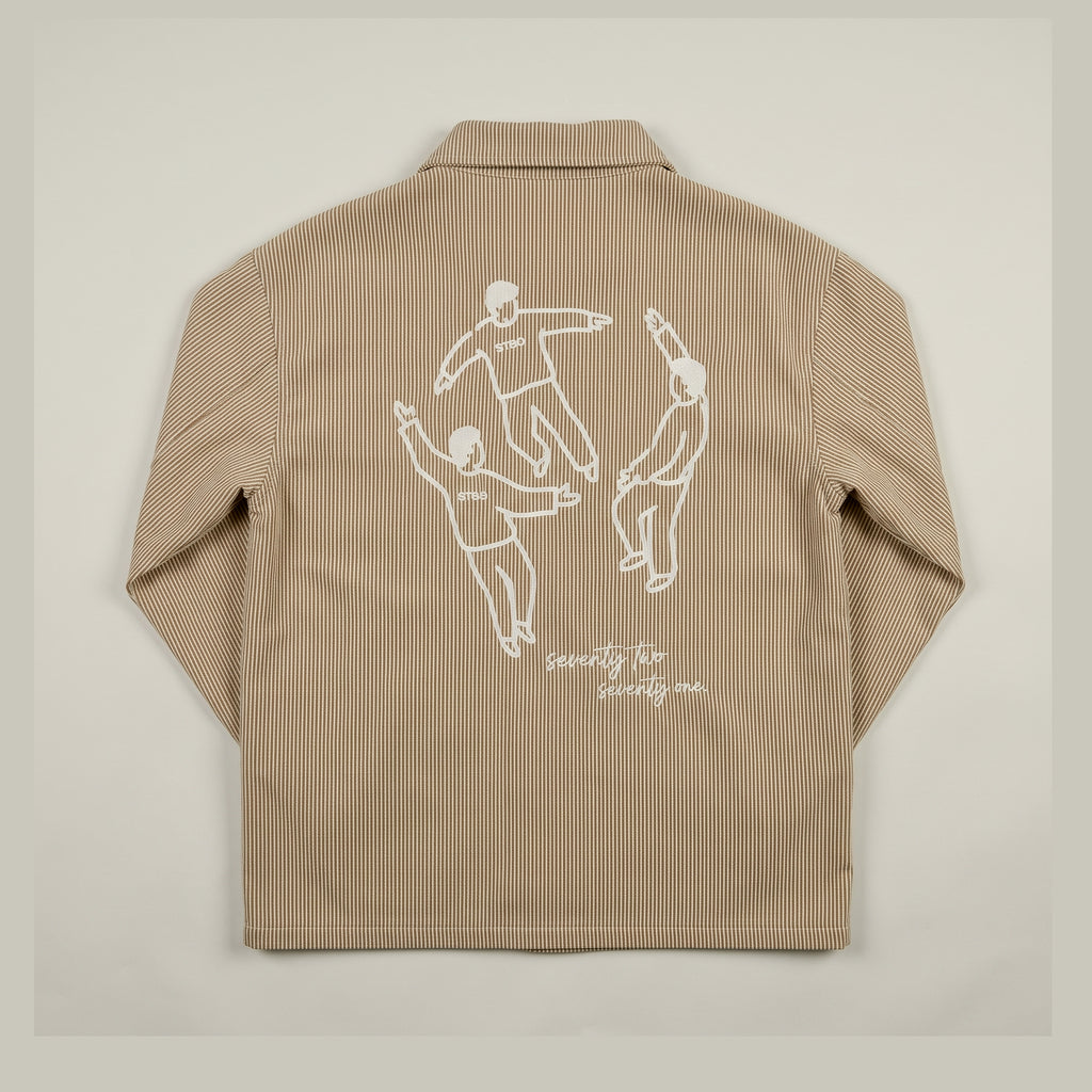 Gestreept overshirt donkerbruin met rugprint van 72.71 Clothing – achterkant met de Circle of Friends-tekening
